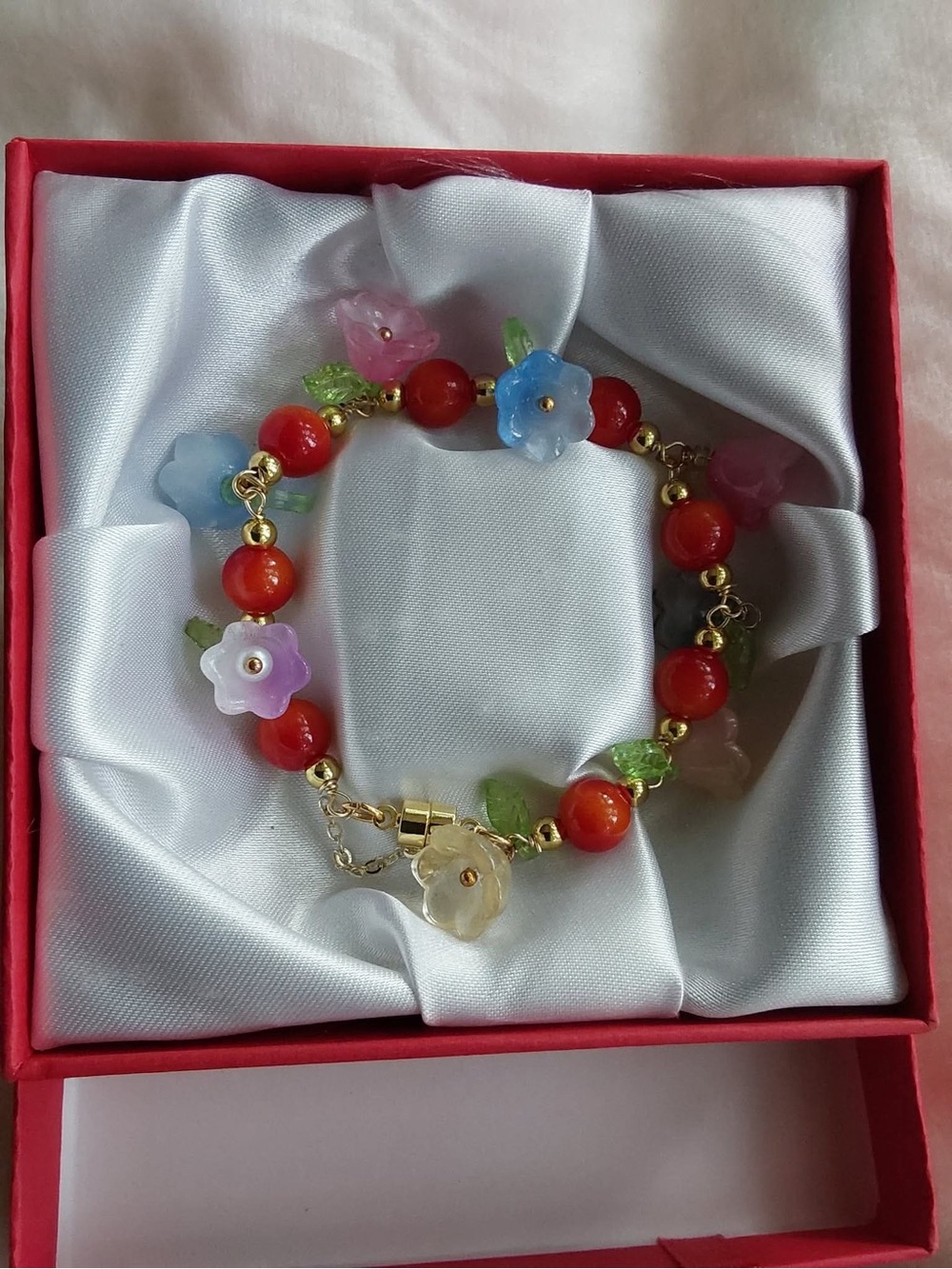 Floral Multi-Color Beaded Bracelet - Red Accent